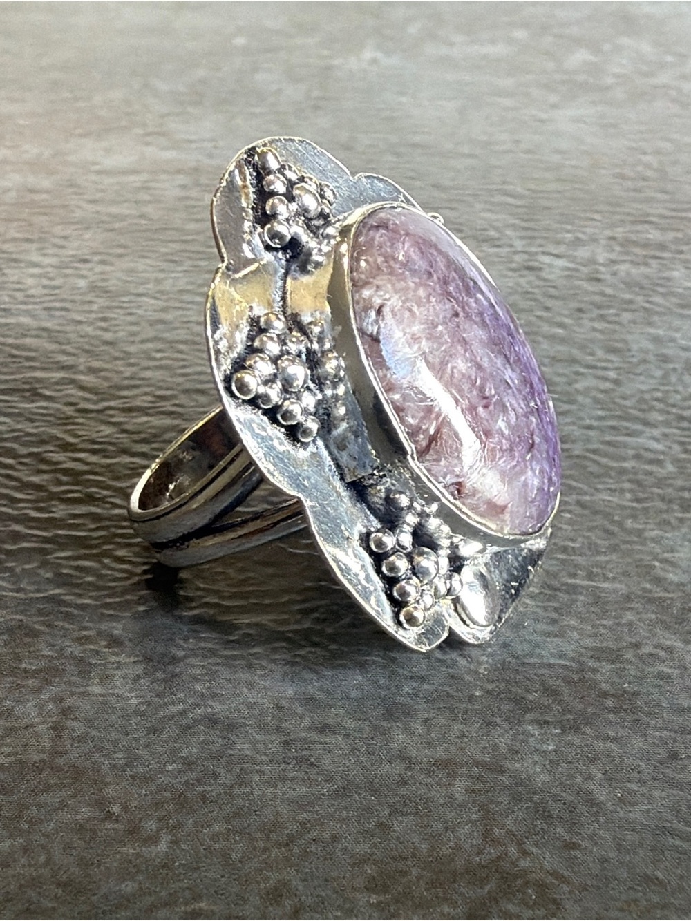 Boho Vintage Silver 925 Ring Size 7.5 Women Jewelry Unique Charoite Gemstone - Picture 3 of 5